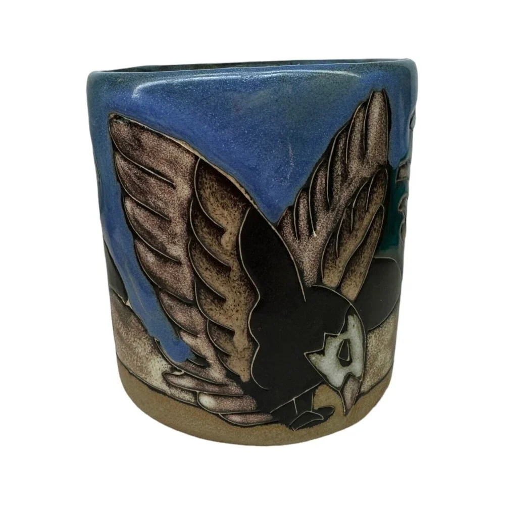 Mara Mexico Studio Art Pottery Stoneware Large Mug Eagle Mountains Trees Signed - Picture 4 of 10